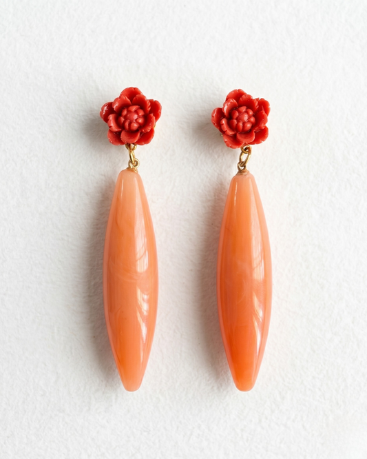 Pendientes Vida flor coral roja gota salmon alargada artesanales Hanalima