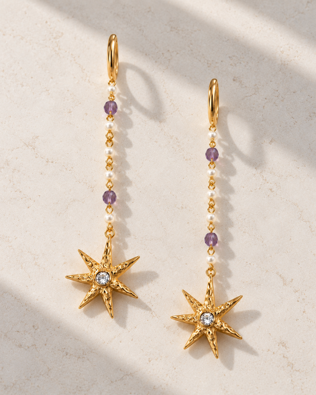 Pendientes Astrea de Hanalima: largos con estrella, perlas y amatista