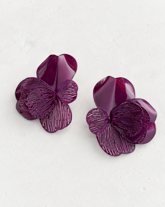 Pendientes Iris con flor XL de metal esmaltado violeta
