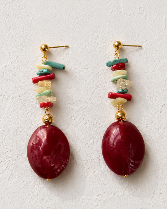 Pendientes Alma largos multicolor con óvalo burdeos