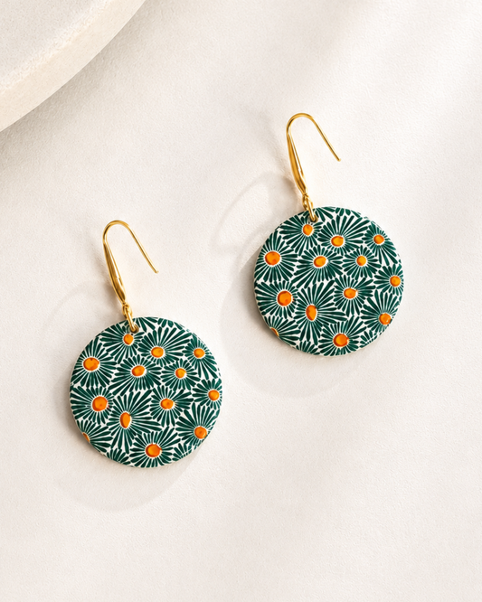 Pendientes Sole redondos con estampado floral verde y naranja